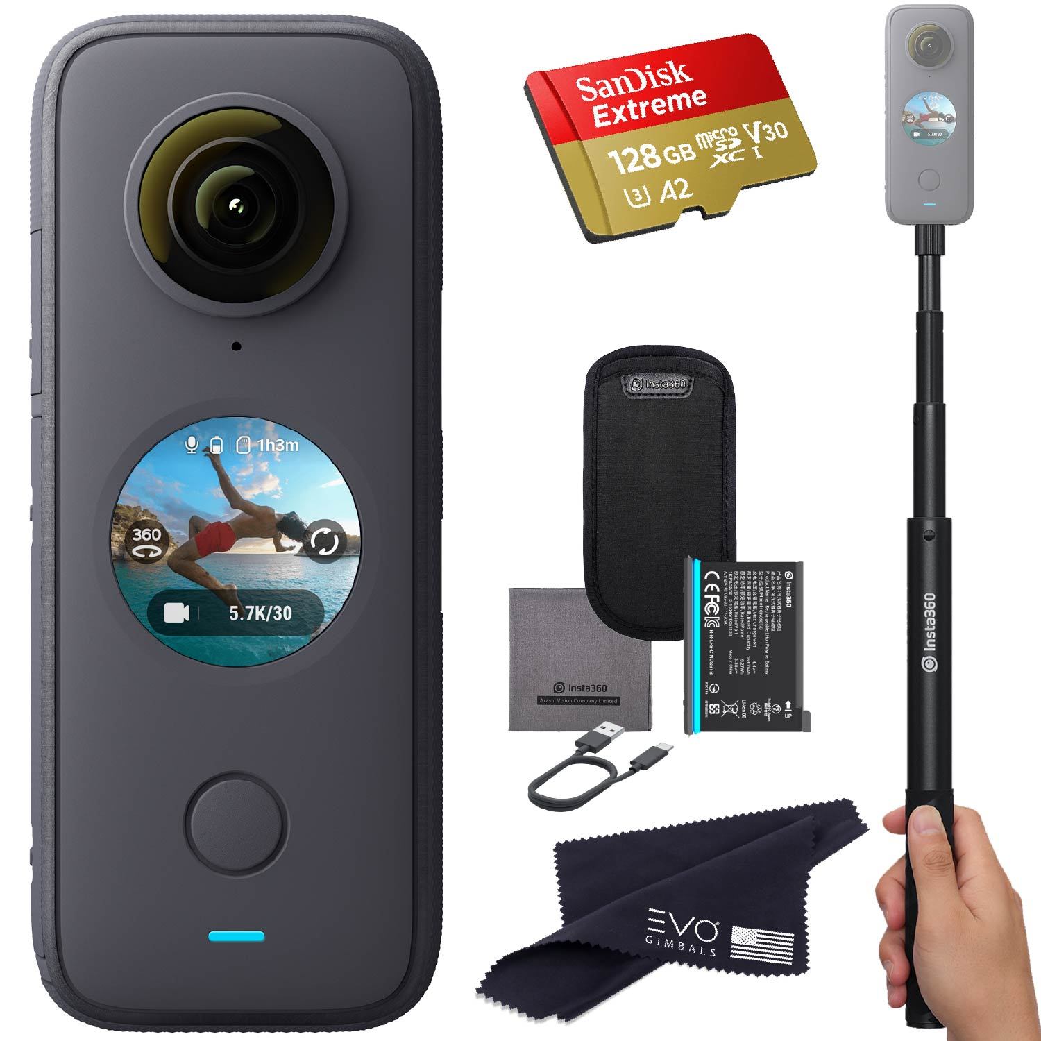 Insta360 One X2 Waterproof 360 Action Camera, 5.7K Video, Touchscreen, with  Tripod Stand and Matterport 3 Month Starter Plan Bundle