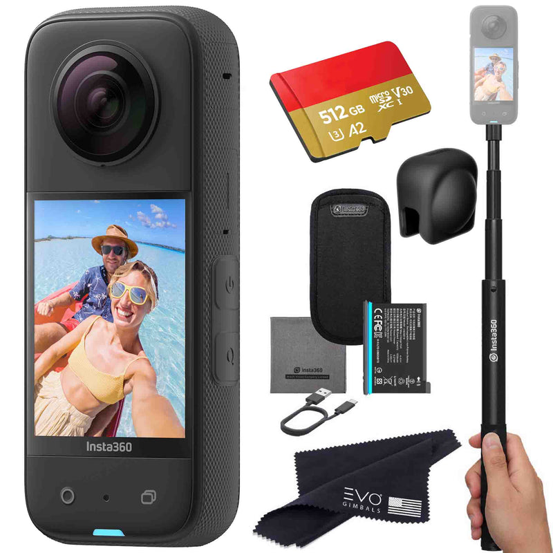 Insta360 X3 camera bundle with Invisible selfie stick, Lens Cap & SD card EVOGimbals.com Selfie stick+LC+512GB 